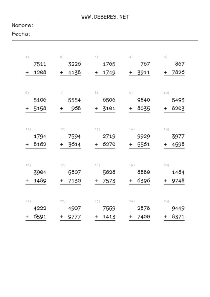 Sumas De Cuatro Cifras Llevando Para Imprimir
