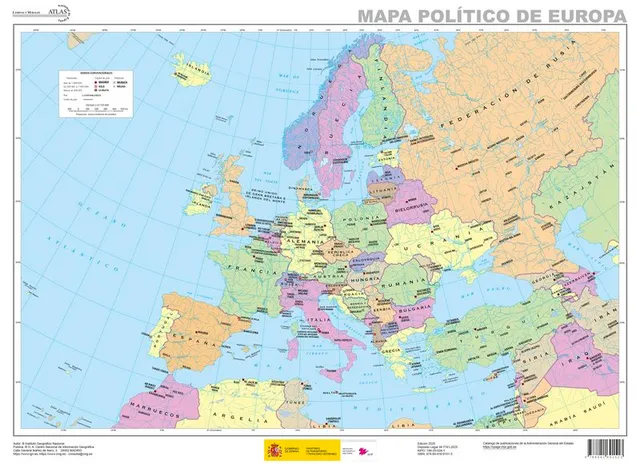 Mapa político de Europa 1:13.725.000 del Instituto Geográfico Nacional (edición 2025)
