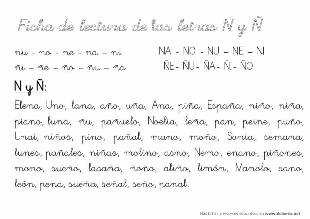 Ficha de lectura de las letras N y Ñ