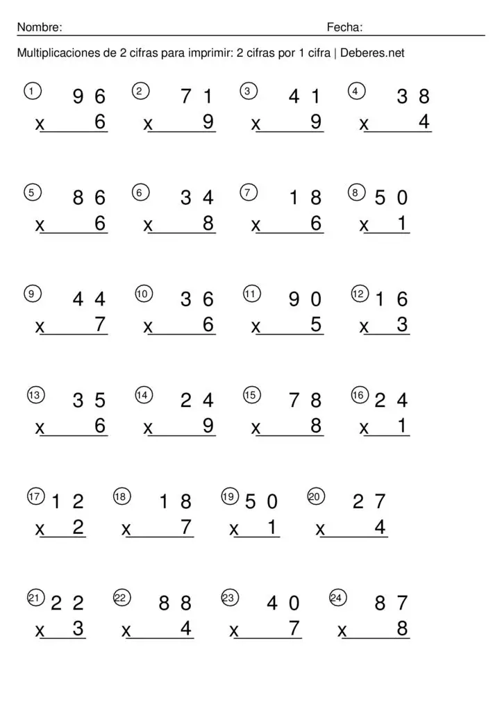 Multiplicaciones de 2 cifras para imprimir - 2 cifras por 1 cifra - Ficha 4