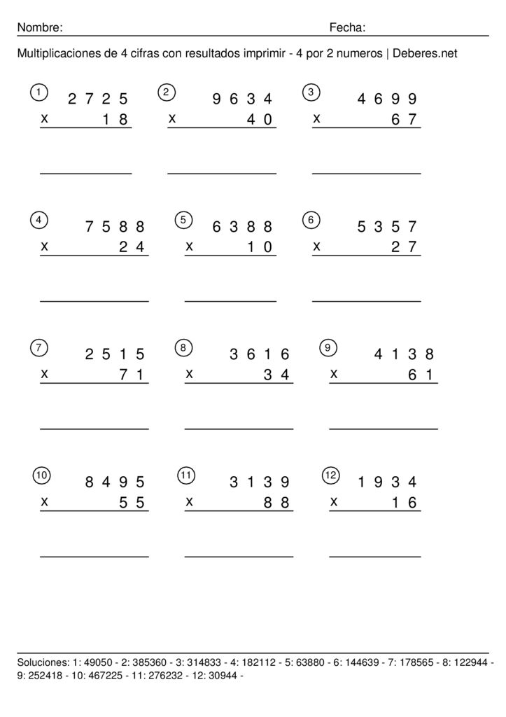 Multiplicaciones De 4 Cifras Con Resultados Para Imprimir